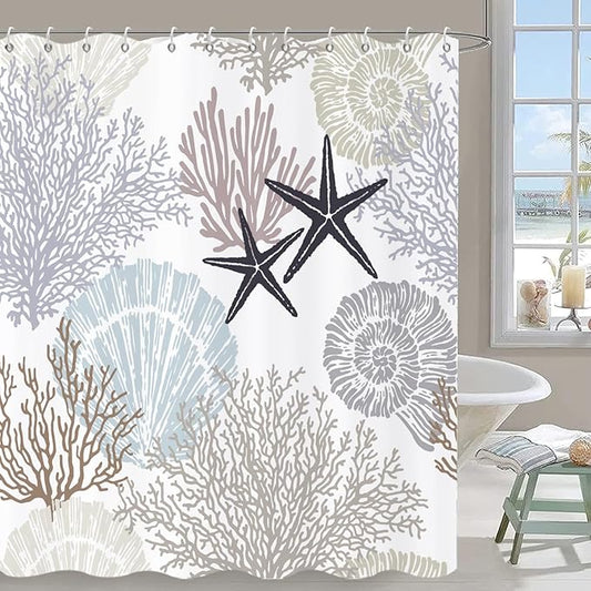 Nautical Coastal Shower Curtain, Brown Tan Blue Ocean Beach Seashell Starfish Themed Bathroom Curtain Waterproof Fabric Machine Washable with Hooks, 72" Wx72 L