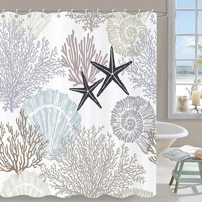 Nautical Coastal Shower Curtain, Brown Tan Blue Ocean Beach Seashell Starfish Themed Bathroom Curtain Waterproof Fabric Machine Washable with Hooks, 65" Wx72 L