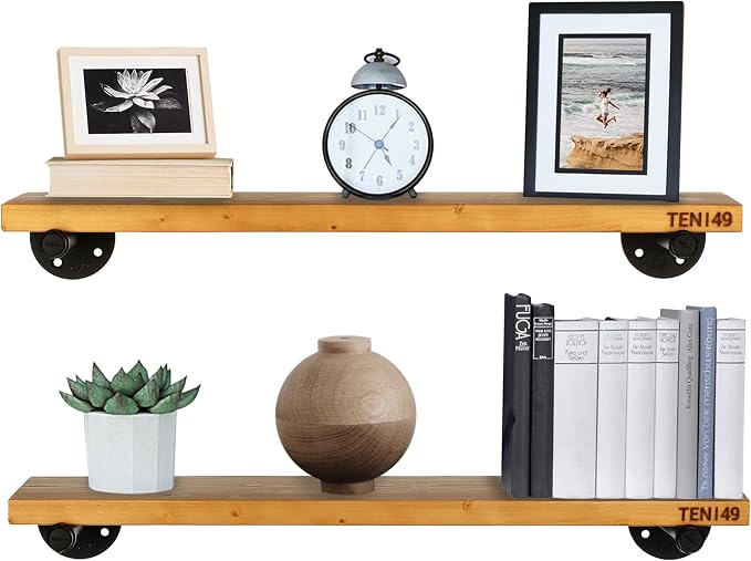 TEN49 Real Wood Rustic Floating Shelves Wall - 24 Wide Small Wooden Industrial Pipe Shelving - Farmhouse Pipe Wall Shelves Furniture Bathroom Decor Art Shelf Kitchen - Light Walnut Color - Set of 2