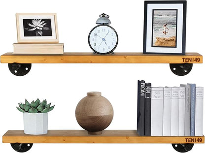 TEN49 Real Wood Rustic Floating Shelves Wall - 24 Wide Small Wooden Industrial Pipe Shelving - Farmhouse Pipe Wall Shelves Furniture Bathroom Decor Art Shelf Kitchen - Light Walnut Color - Set of 2