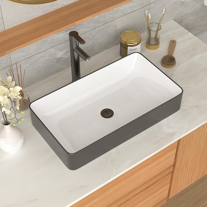 Bathroom Vessel Sink Ceramic Art Basin Above Counter White and Black | 24x13.58 Inch Rectangular Bathroom Sink Porcelain Vessel Vanity Sink