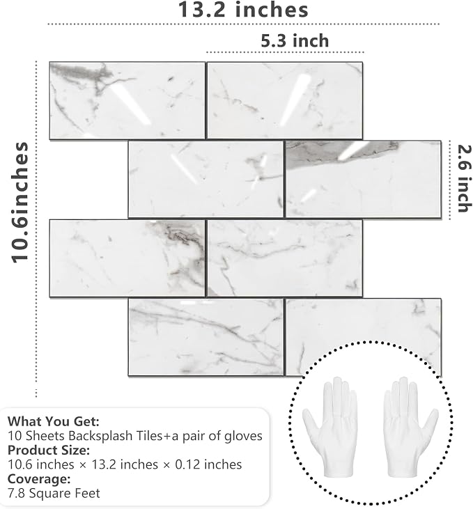 STICKGOO Subway Tile Peel and Stick Backsplash, Glossy White Marble PVC Self Adhesive Tile Backsplash, Stick on Tile for Kitchen and Bathroom(10 Sheets)