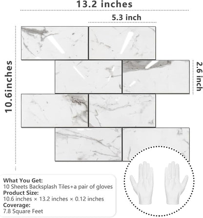 STICKGOO Subway Tile Peel and Stick Backsplash, Glossy White Marble PVC Self Adhesive Tile Backsplash, Stick on Tile for Kitchen and Bathroom(10 Sheets)