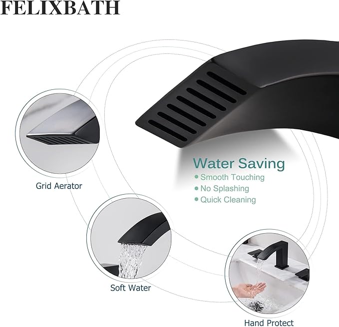 Waterfall Bathroom Sink Faucet, 3 Holes Two Handles Bathroom Faucet with Pop Up Drain and 2 Water Supply Lines, 8 inch Widespread Bathroom Sink Faucet Matte Black