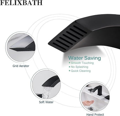Waterfall Bathroom Sink Faucet, 3 Holes Two Handles Bathroom Faucet with Pop Up Drain and 2 Water Supply Lines, 8 inch Widespread Bathroom Sink Faucet Matte Black