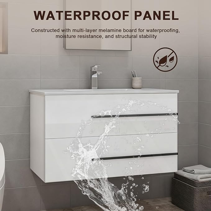 36 inch Floating Bathroom Vanity with Sink, Space Saving Fluted Design for Small Bathrooms, Soft Closing Drawers & Black Handles White