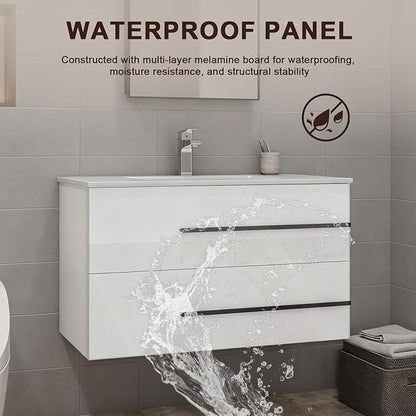 36 inch Floating Bathroom Vanity with Sink, Space Saving Fluted Design for Small Bathrooms, Soft Closing Drawers & Black Handles White