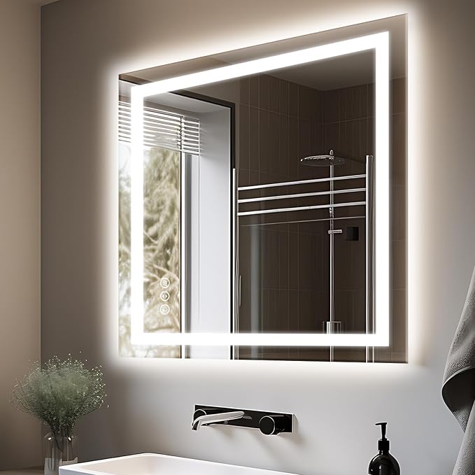 EchosLife 32"x36" LED Bathroom Mirror | Backlit + Front Lit, Anti-Fog, Stepless Dimmable, 3 Colors, Memory, Tempered Glass, UL Listed, Horizontal/Vertical