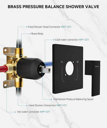 SR SUN RISE Shower System 10 Inch Rainfall Brass Valve Trim Kit Black | Wall-Mounted Rainfall Shower Set with Valve, Pressure Balance for Stable Temp, 304 Steel, Lead-Free Waterway, Leak-Resistant