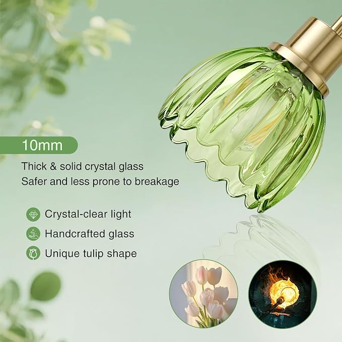 Gold Bathroom Light Fixtures, 20 Inch Vintage Vanity Lights for Bathroom, 3-Light Modern Vanity Lights with Ribbed Green Tulip Glass Shade, Wall Lamp for Mirror Living Room Hallway