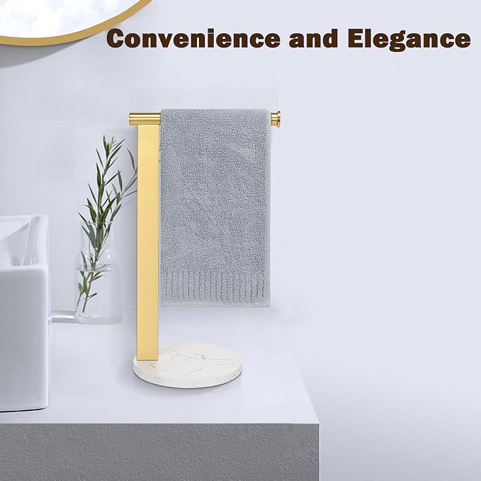 Hand Towel Holder Stand for Bathroom, L- Shaped Standing Hand Towel Rack, Towel Bar Kitchen Vanity Countertop Organizer, SUS304 Stainless Steel Material (Marble Base, Gold)
