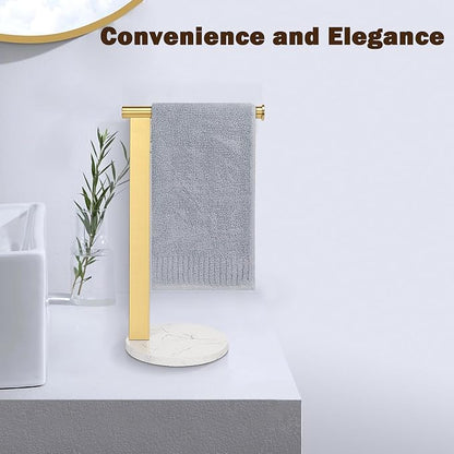 Hand Towel Holder Stand for Bathroom, L- Shaped Standing Hand Towel Rack, Towel Bar Kitchen Vanity Countertop Organizer, SUS304 Stainless Steel Material (Marble Base, Gold)