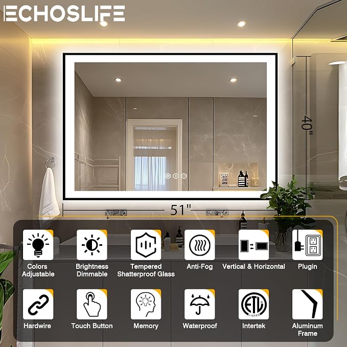 EchosLife 51x40 Bathroom Light up Mirror, Black Framed Double Lights Mirror | Black Frame, Front and Backlit, Anti-Fog, Stepless Dimmable, 3 Colors, Memory, Tempered Glass, UL Listed, Horizontal/Vertical