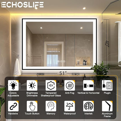 EchosLife 51x40 Bathroom Light up Mirror, Black Framed Double Lights Mirror | Black Frame, Front and Backlit, Anti-Fog, Stepless Dimmable, 3 Colors, Memory, Tempered Glass, UL Listed, Horizontal/Vertical