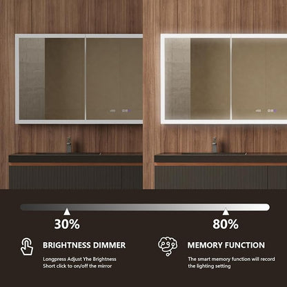 72 in. W Smart Lighted Medicine Cabinet with Mirror for Bathroom, Recessed/Surface Mount Medicine Cabinet with Anti-Fog, 1800W Charging Station, USB Ports, 3 Color Lights