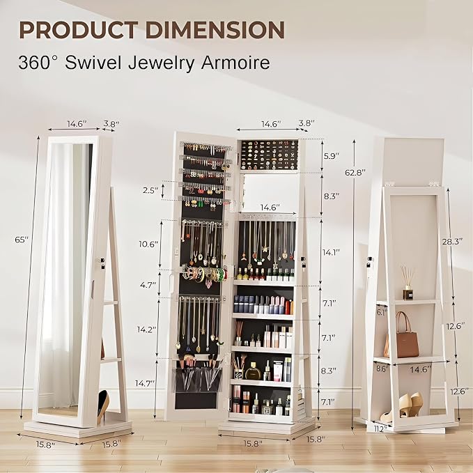 360° Swivel Jewelry Armoire with Full-Length Mirror, Lockable Standing Jewelry Organizer Cabinet with Interior Mirror & Rear Storage Shelves, 65" Floor Mirror Jewelry Storage (White)