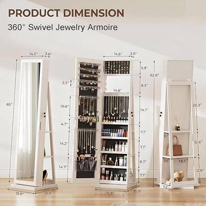 360° Swivel Jewelry Armoire with Full-Length Mirror, Lockable Standing Jewelry Organizer Cabinet with Interior Mirror & Rear Storage Shelves, 65" Floor Mirror Jewelry Storage (White)
