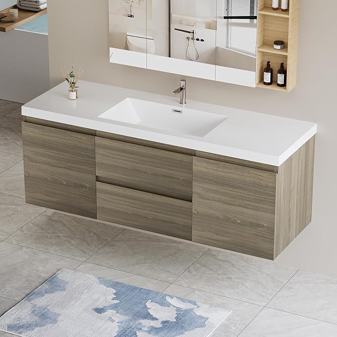 Floating Vanity Bathroom, 60 Inch Bathroom Vanity with Sink, Wall Mounted Single Sink Bathroom Vanity, Soft Closed 2 Drawers, Integrated Sink (Ash Grey)