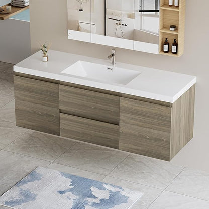 Floating Vanity Bathroom, 60 Inch Bathroom Vanity with Sink, Wall Mounted Single Sink Bathroom Vanity, Soft Closed 2 Drawers, Integrated Sink (Ash Grey)