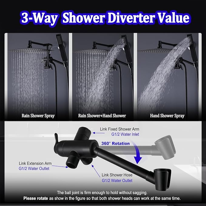 All Metal Rain Shower Head with Handheld Combo, YDmeet 10 Inch Rainfall Shower Head, Stainless Steel Hand Wand, 3 Setting Diverter, Adjustable Extension Arm w/Lock Joints, 71" Extra Long Hose, Black