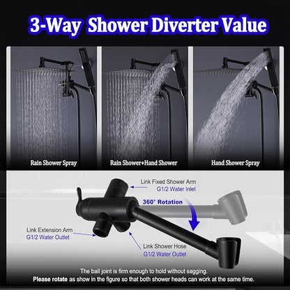 All Metal Rain Shower Head with Handheld Combo, YDmeet 10 Inch Rainfall Shower Head, Stainless Steel Hand Wand, 3 Setting Diverter, Adjustable Extension Arm w/Lock Joints, 71" Extra Long Hose, Black