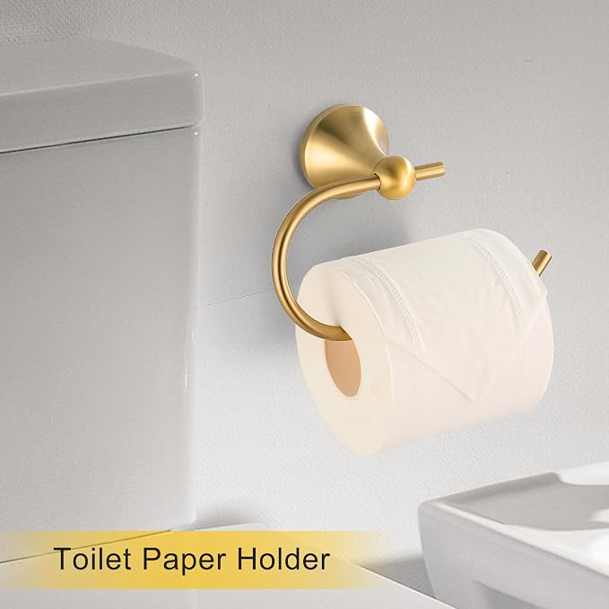 4 Pcs Gold Bathroom Hardware Set - Brushed Brass Gold Bathroom Accessories Kit, Stainless Steel Wall Mounted 23.6 Inch Towel Bar | Towel Hook | Toilet Paper Holder | Hand Towel Holder