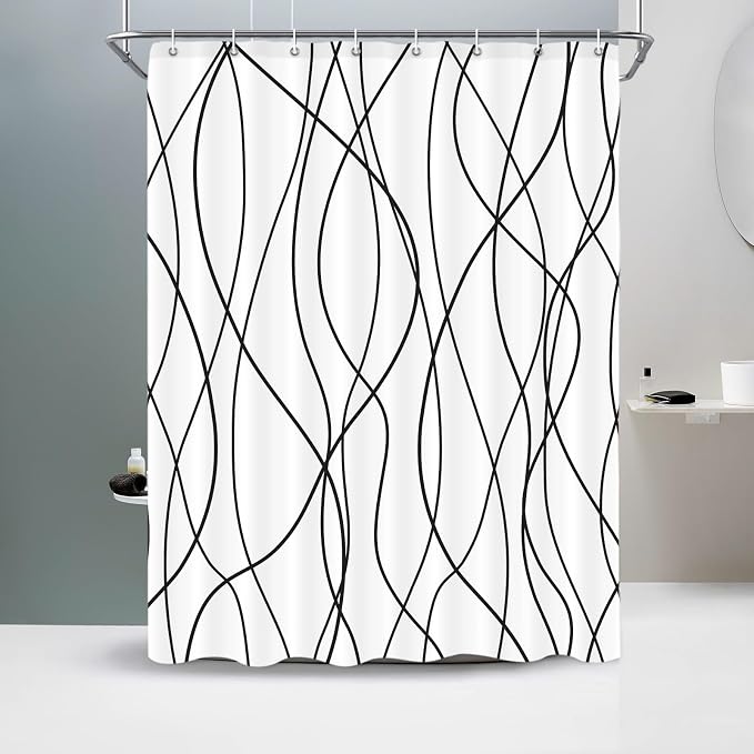 Striped Shower Curtain for Bathroom, White Black, 60" W x 72" L | with Hooks, Modern Hotel Style, Water Repellent, Washable, Weighted Hem
