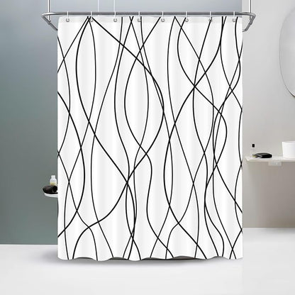 Striped Shower Curtain for Bathroom, White Black, 60" W x 72" L | with Hooks, Modern Hotel Style, Water Repellent, Washable, Weighted Hem