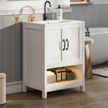 24 Inch Bathroom Vanity with Sink, Modern Bathroom Cabinet with LED Light, Bathroom Vanity Set, Double Soft Closing Cabinet Door with Organizer, White