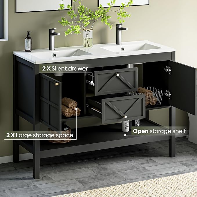 48" Bathroom Vanity with Double Sink Combo, Undermount Sink Bathroom Storage Cabinet with 2 Drawers & 2 Soft-Close Doors, Freestanding Farmhouse Cabinet with Open Storage Shelf, Black
