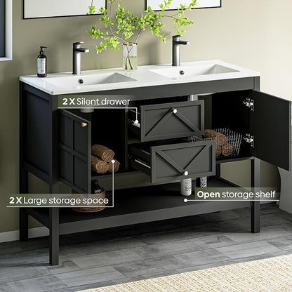 48" Bathroom Vanity with Double Sink Combo, Undermount Sink Bathroom Storage Cabinet with 2 Drawers & 2 Soft-Close Doors, Freestanding Farmhouse Cabinet with Open Storage Shelf, Black
