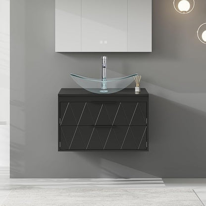 eclife 30" Floating Bathroom Vanities with Sink Combo, Wall Mounted Modern Cabinet W/Diamond Line Pattern Design, Clear Boat Glass Vessel Sink W/Water Save Faucet & Pop Up Drain, Black