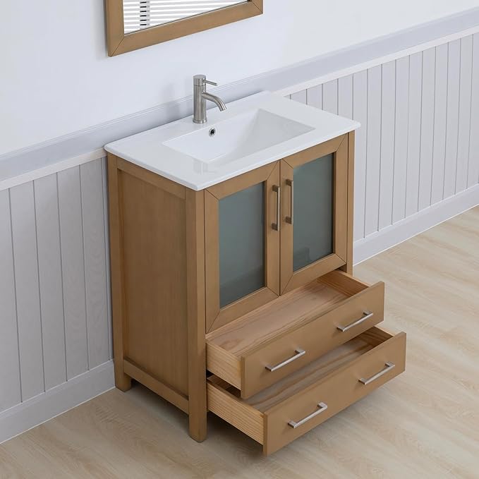 Vanity Art 30" Single Sink Bathroom Vanity with 1 Mirror, Ceramic Top Cabinet Compact Set with 2 Dovetail Storage Drawers and Brushed Nickel Handles, VA3030-NO