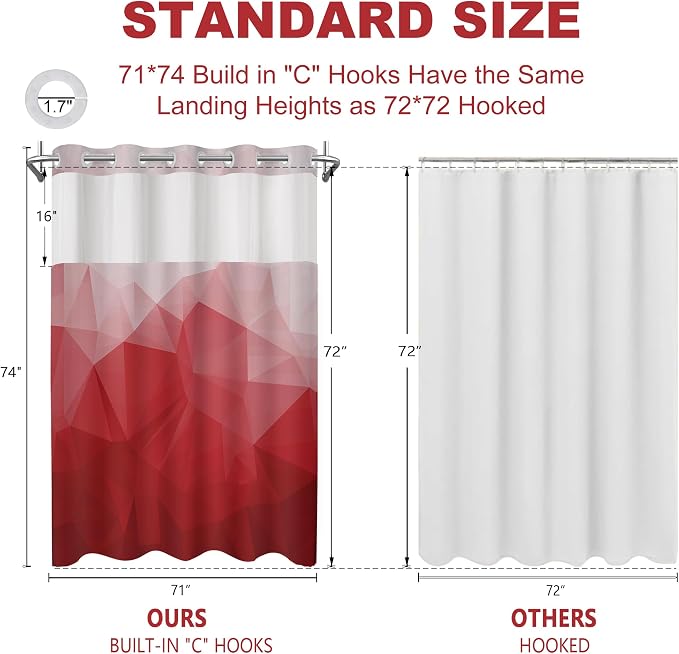 No Hook Shower Curtain with Snap in Liner Set, Red, 71x74 | Waterproof Fabric for Bathroom, Modern Hotel Style Ombre Design, Mesh Top Window, Machine Washable, Quick Install