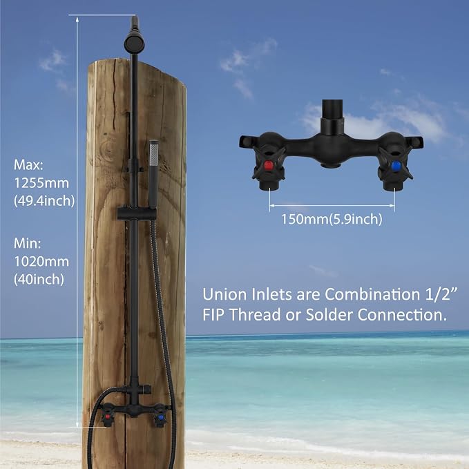 Aolemi Outdoor Shower Kit with Handheld,Round Rain Shower,Matte Black | 2-Handle Hot and Cold Control, Adjustable Height, 6-Inch Center Valve, 59-Inch Hose, Winter Drainage Outdoor Shower Fixtures