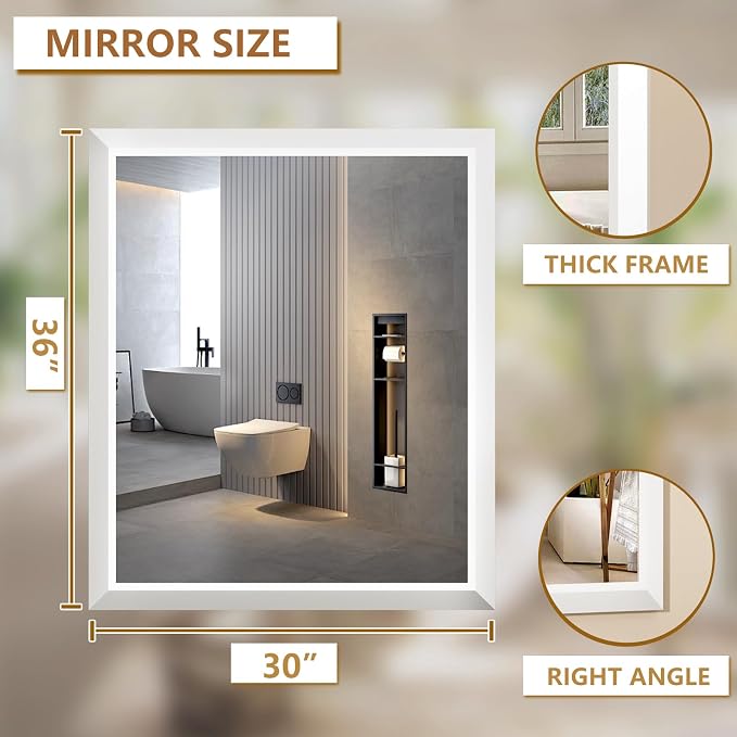 SMIROR 36x30 Matte White Bathroom Vanity Mirror for Over Sink | Metal Wide Frame, Rectangle, Right- Angle Corner, Anti-Rust, Horizontally or Vertically Wall- Mounted for Home Remodel