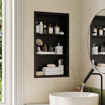 14x24 Recessed Medicine Cabinet, Medicine Cabinet No Mirror, 304 Stainless Steel Medicine Wall Niche with 3-Tiers Shelves, Matte Black