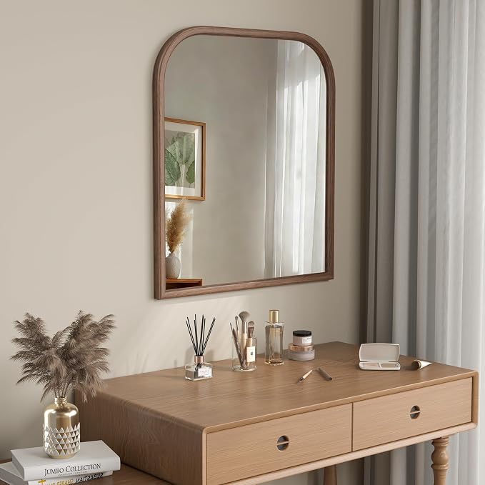 28"x32" Arch Wall Mirror for Wall, Wall Mounted Vanity Mirror for Bedroom, Wood Grain Finish Frame Mirror with Tempered Glass, Vintage Decorative for Bathroom, Entryway, Living Room, Walnut