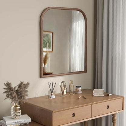 28"x32" Arch Wall Mirror for Wall, Wall Mounted Vanity Mirror for Bedroom, Wood Grain Finish Frame Mirror with Tempered Glass, Vintage Decorative for Bathroom, Entryway, Living Room, Walnut