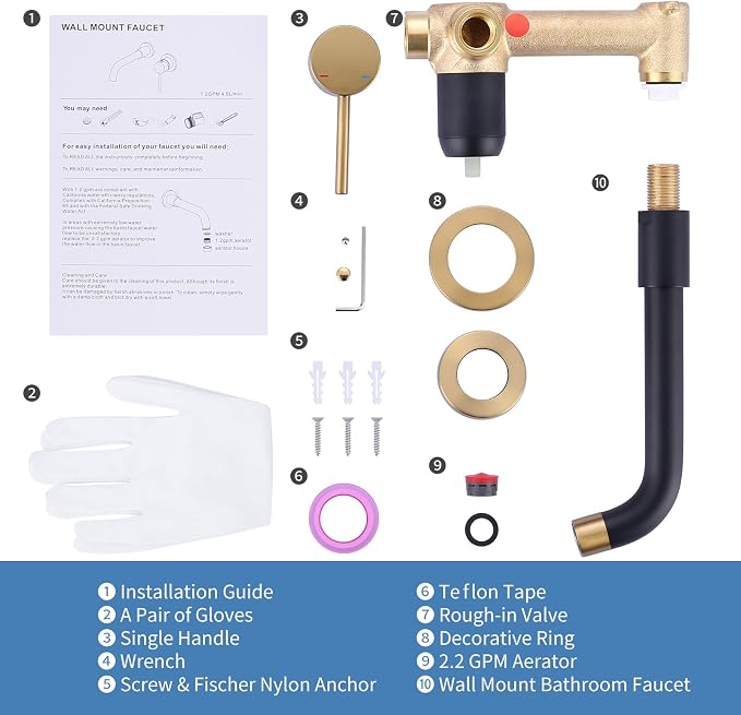ARCORA Wall Mount Bathroom Faucet, Black and Gold Single Handle Bathroom Sink Faucet Wall Mounted, Rough-in Valve Included