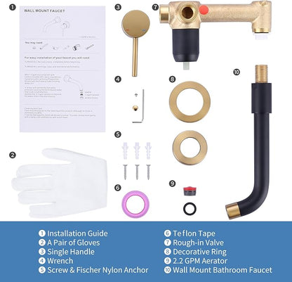 ARCORA Wall Mount Bathroom Faucet, Black and Gold Single Handle Bathroom Sink Faucet Wall Mounted, Rough-in Valve Included