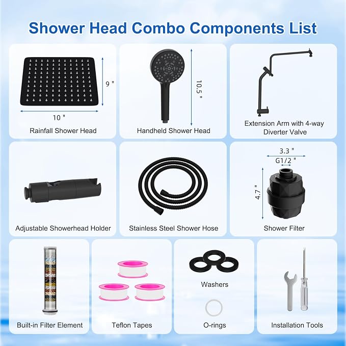 Metal 10" Filtered Rainfall Showerhead Combo, Easy Reach, Matte Black | 4-Way Diverter with Pause Mode, High Pressure Shower Head with 10-Spray Handheld, 71" Hose/12" Extension Arm/Holder