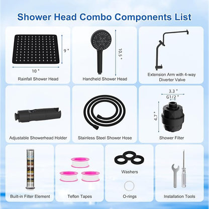 Metal 10" Filtered Rainfall Showerhead Combo, Easy Reach, Matte Black | 4-Way Diverter with Pause Mode, High Pressure Shower Head with 10-Spray Handheld, 71" Hose/12" Extension Arm/Holder