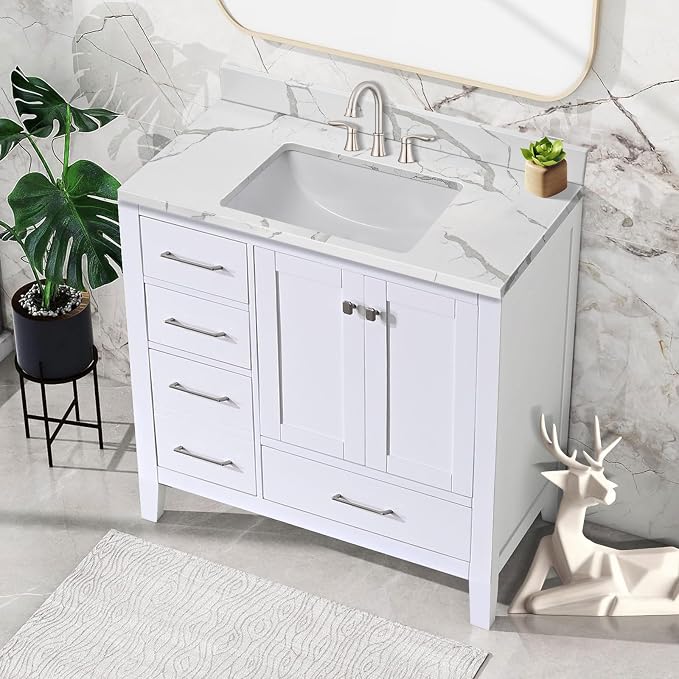 36 in.W x 22 in.D Quartz Calacatta River Vanity Top,with Undermount Middle Sink Vanity Top,with Two Sidesplash & One Backsplash,8 Inch Faucet Hole Spread Bathroom Vanity Sink Countertop