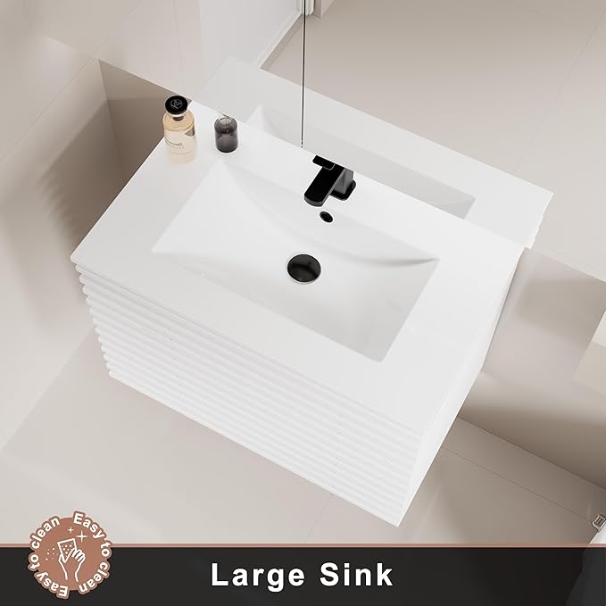 LUCKWIND 30" Floating Bathroom Vanity with Sink, Mid-Century Wall Mounted Big Drawer Cabinet with Large Sink, Water Saving Faucet and Wood Stripes Style, White