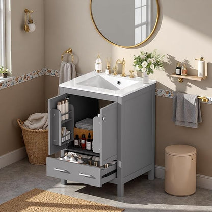 24" Freestanding Bathroom Vanity with Sink, Floor Stand Bathroom Storage Cabinet with Ceramic Sink, Door with Double-Layered Storage Shelves, Modern Compact Vanity with Divided Drawer, Gray