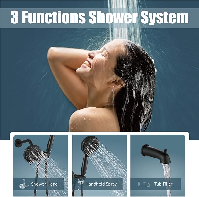 Aolemi Tub Shower Faucet Set Dual 8 Mode Head Valve Kit Matte Black | Valve and Trim Kit, ABS Shower Head and Handheld System, Bathroom Bath Tub Spout 6.3",SUS304,Single Handle