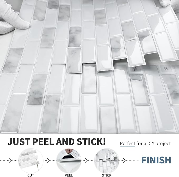 DEWOO Peel and Stick Backsplash 3D Self Adhesive Wall Tiles Grey 10 Sheet | Sticky,Vinyl,Rental friendly,Marble,for Kitchen,Bathroom,Sink,12"x12"
