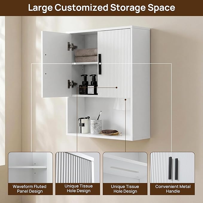 Modern Fluted Bathroom Wall Cabinet with Motion Sensor LED Light, White Over The Toilet Storage with Tissue Dispenser, Soft-Close Hanging Medicine Cabinet with Adjustable Shelves & Open Rack