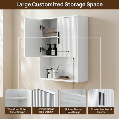 Modern Fluted Bathroom Wall Cabinet with Motion Sensor LED Light, White Over The Toilet Storage with Tissue Dispenser, Soft-Close Hanging Medicine Cabinet with Adjustable Shelves & Open Rack